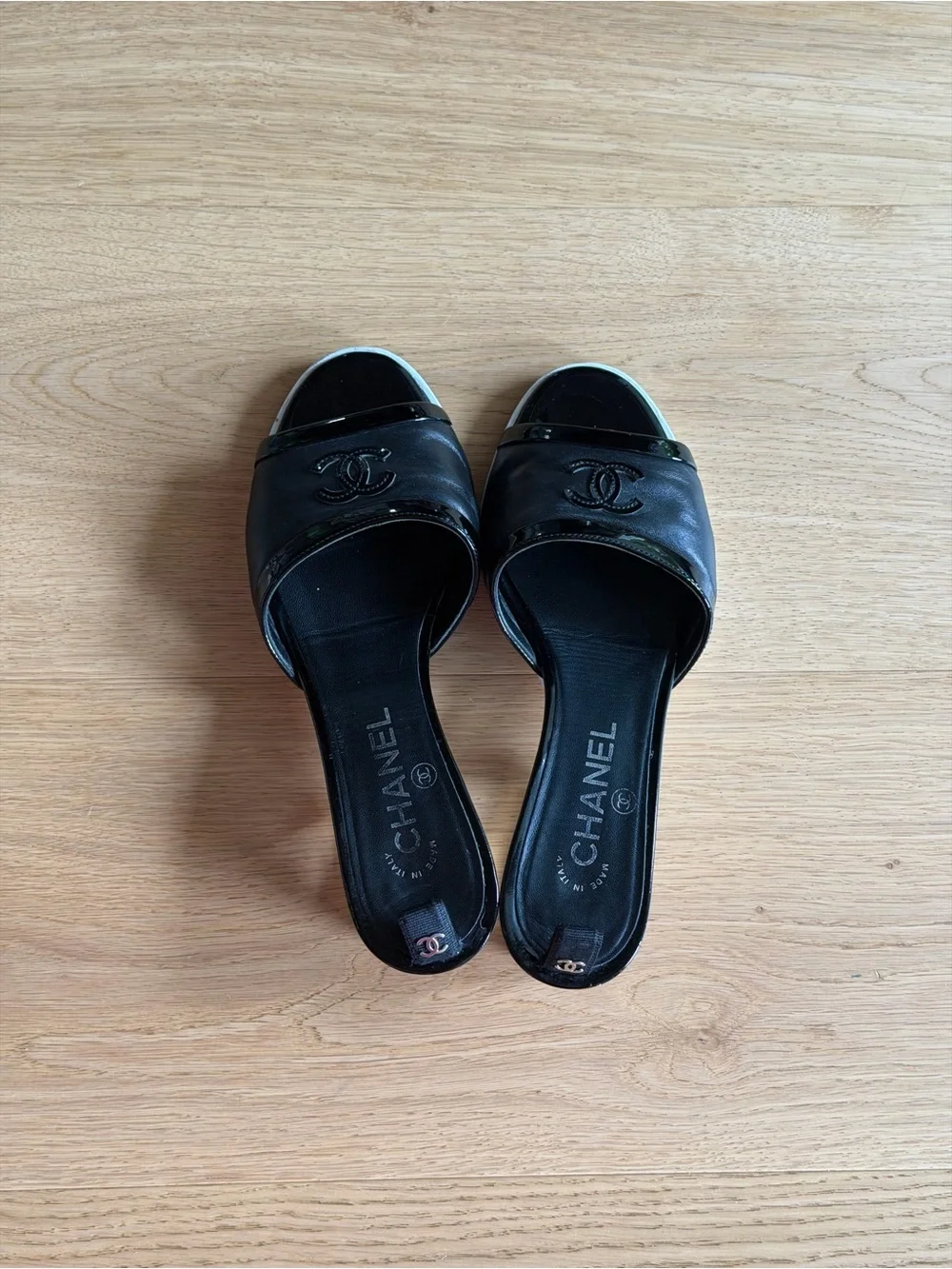 CHANEL Black Patent & Leather Open-Toe Mules POV sandals